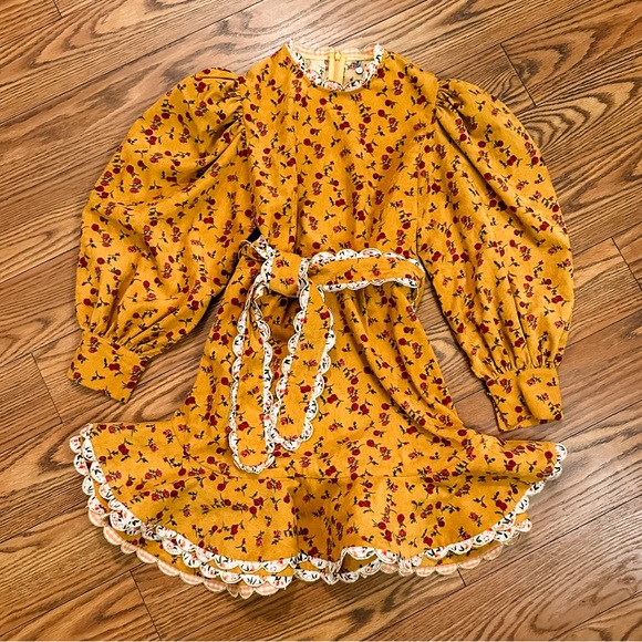 CeliaB Alder Dress Floral Puff Sleeve Scallop Mini Ruffle Tiered Micro Corduroy - Picture 4 of 8